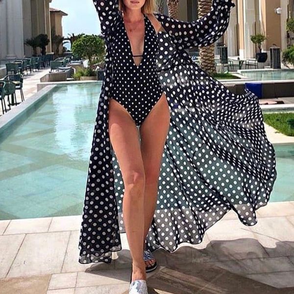 

2020 women bikini cover upfashion ladies beach dress swimwear chiffon polka dot bathing suit holiday cardigan beachwear, White;black