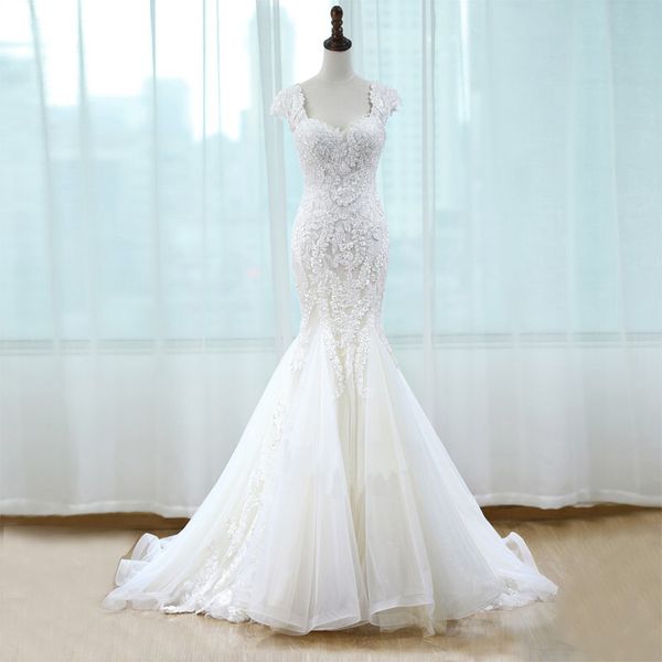 

bateau neck tulle mermaid wedding gowns 2019 sweep train wedding dresses with handmade appliques white ivory