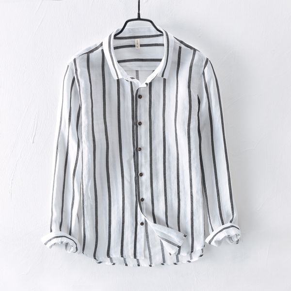 

2019 men's linen striped shirt brand white shirt for men long-sleeved stripe shirts male fashion shirts mens chemise camisa, White;black