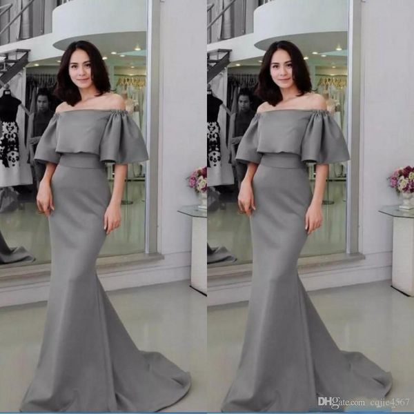 

2020 gray half sleeves evening gowns off the shoulder satin mermaid prom dresses satin sweep train formal party dress custom made, Black