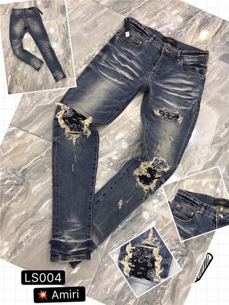 

2020 french style fashion men's jeans blue color skinny fit spliced ripped jeans high street destroyed biker men a5