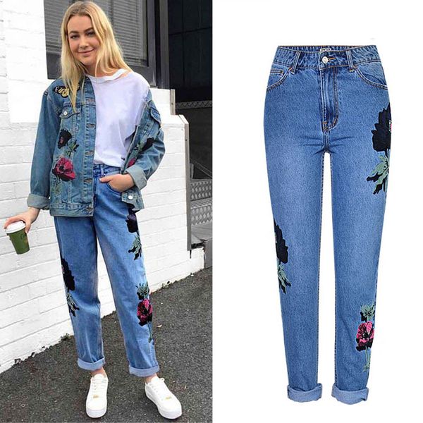 

2018 jeans high waist women jeans flower embroidery autumn new women denim pants woman pantalon femme, Blue