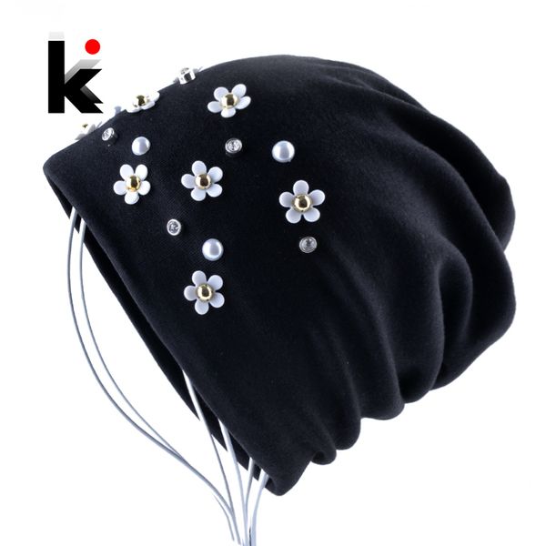 

new fashion beanie hat solid color peal rhinestone flower skullies beanies women autumn winter female bonnet cap chapeu feminino, Blue;gray