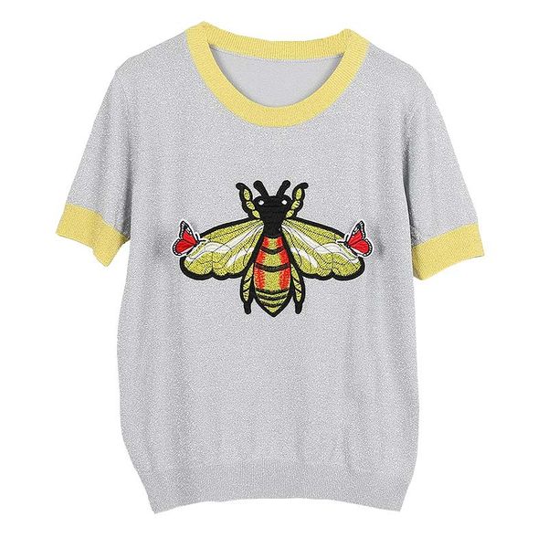 

2019 summer new women clothes contrast round collar embroidery bee ice silk short sleeve knit tees womens designer t shirt size s-l, White