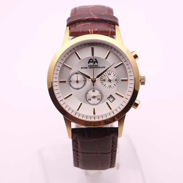 

aehibo quartz battery index hour markers gold case mens watch watches 43mm white dial chronograph hardlex wristwatches leather band, Slivery;brown