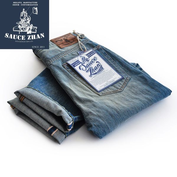 

saucezhan vintage jean selvedge jeans jeans raw denim mens fashion indigo straight bleach stone wash motorcycle, Blue