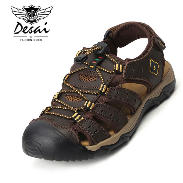 

desai new fashion summer beach shoes large size men's genuine leather sandals breathable non-slip casual shoes man beach sandal, Black