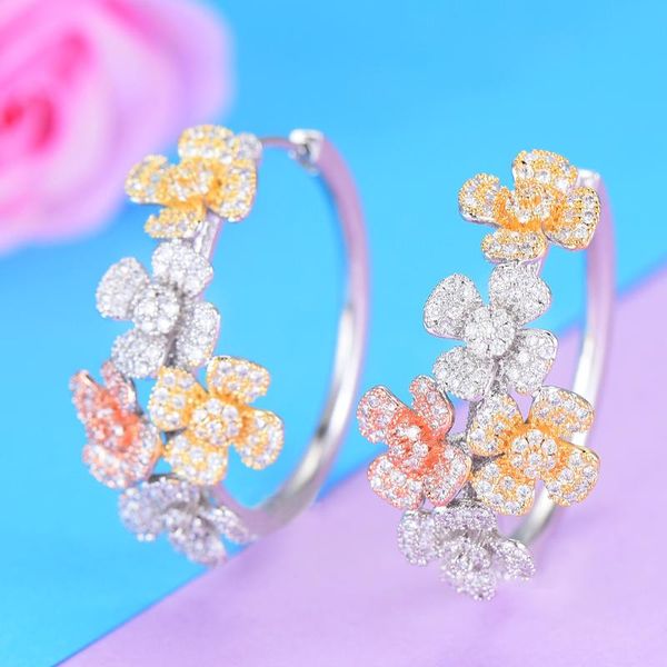 

godki luxury 3 tone flower cubic zircon statement big hoop earrings for women wedding dubai bridal round circle hoop earring, Golden