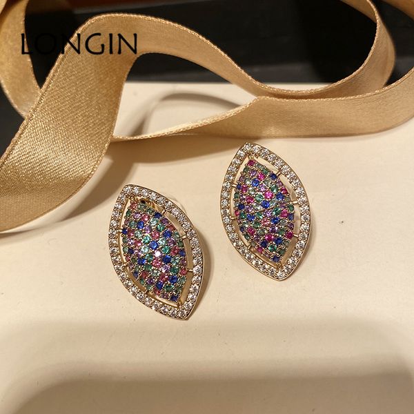 

korean version of new micro-set colorful zircon eye shape gold color ladies earrings fashion temperament banquet jewelry, Golden;silver