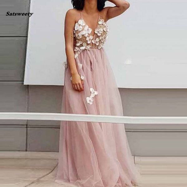 Boho allık pembe plaj tül prom elbiseler seksi v yakalı omuz 3d çiçek balo elbiseleri abendkleider robe de soiree