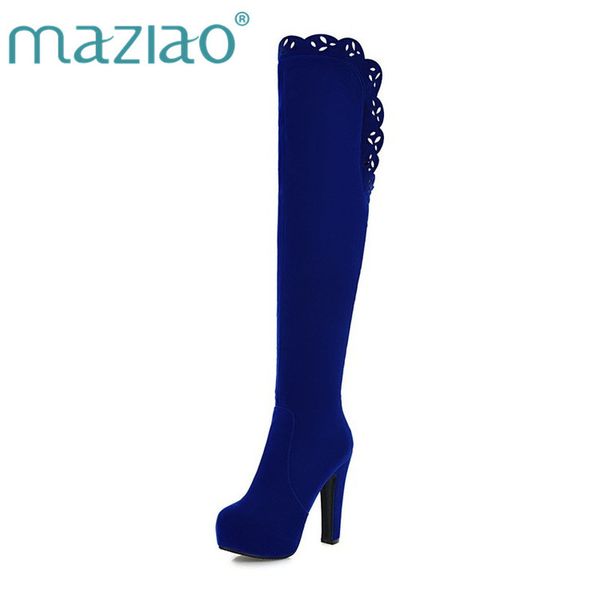 

maziao fashion new arrive women boots fashion zipper flock black blue platform over the knee boots solid color super high