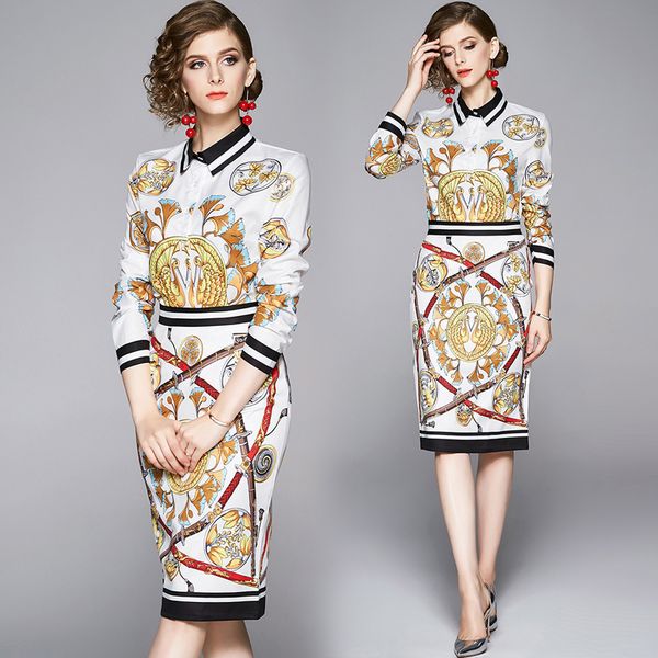 

2020 baroque print women's two piece sets plus size long sleeve shirt+pleated skirt suit dress runway ladies luxury bodycon two piece d, White