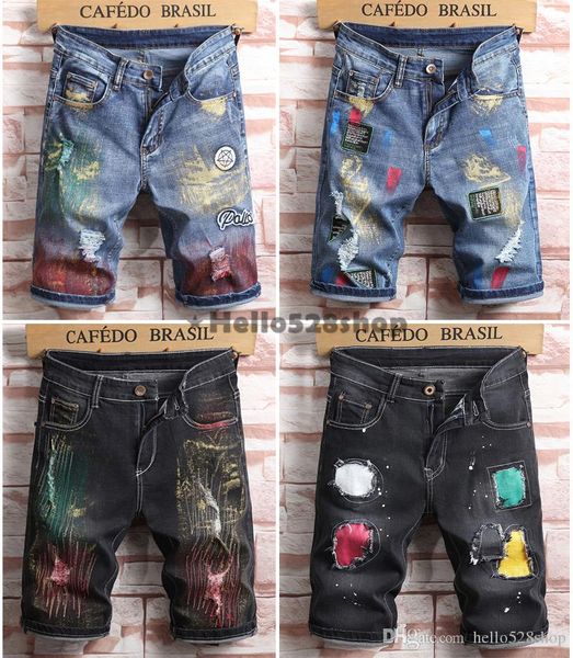 

hello528shop summer fashion men's denim shorts thin pants patches hole jeans for men boys knee length black blue, White;black