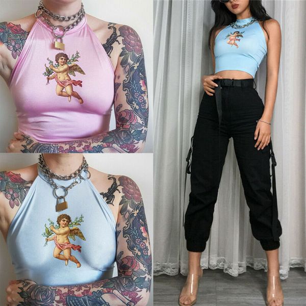 

2019 women camis tanks angel printing halter summer backless sleeveless shirt vest crop top, White