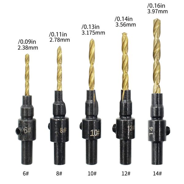 

5ps twist drill bit titanium-plated countersunk head drill bit screw cap woodworking puncher screw cone round handle set