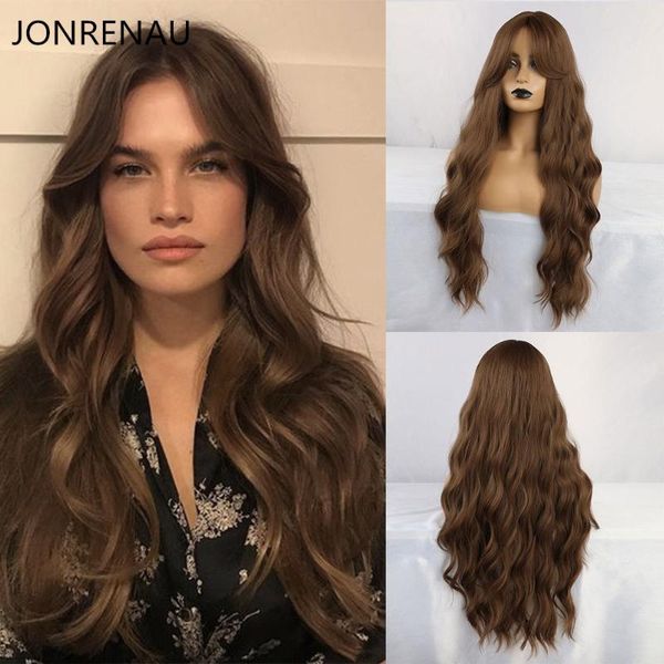 

jonrenau dark brown synthetic long water wave hair wigs with natural bangs heat resistant fiber wigs for white black women