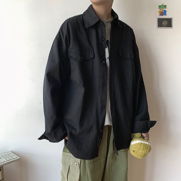 

solid color tooling long-sleeved shirt male leisure chic harajuku simple shirt coat ins hippie turn-down collar 60cs, White;black