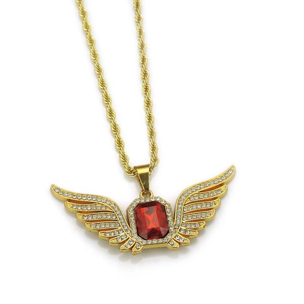 

wholesale-hip-hop men necklace diamond wing necklace alloy 18k gold plated sapphire necklace rectangular ruby pendant ornaments, Silver