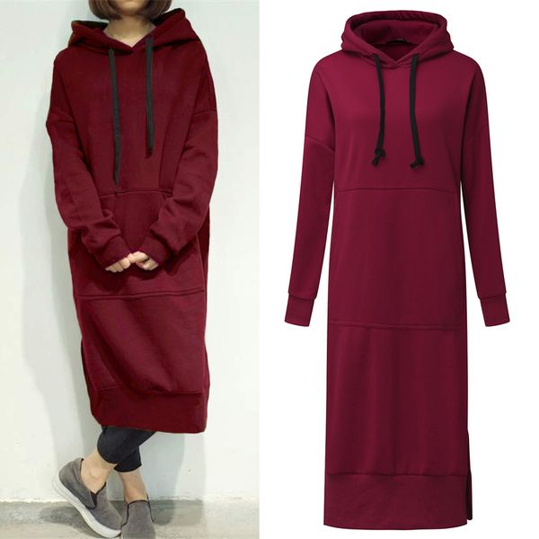 

autumn zanzea long sweatshirt dress 2019 winter women casual hooded long sleeve split fleece loose basic party pullover vestido, Black;gray