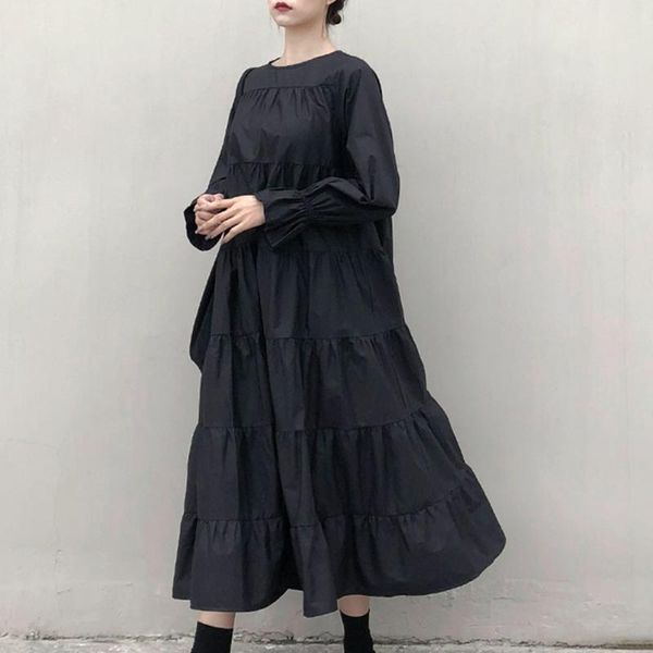 

women solid color a-line dress o-neck long sleeve casual pullover streetwear dress female vestido 2020 spring korean style, Black;gray