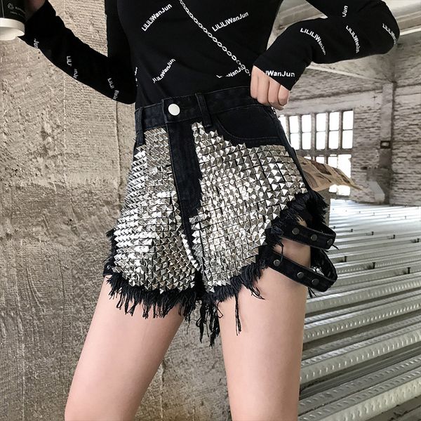 

high-waist jeans shorts female tight holes wrapped buttocks pants spring summer retro shorts personality punk rivet denim, Blue