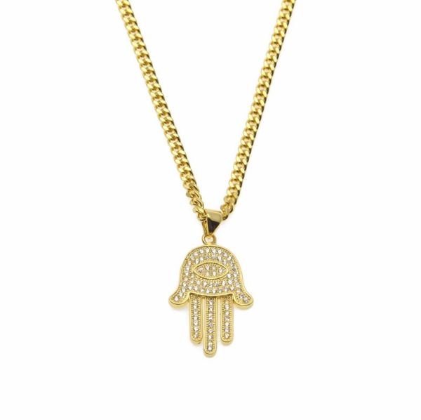 

gold silver fatima hamsa hand pendant necklaces bling cz iced out evil eye charm cuban chain for women mens hip hop jewelry