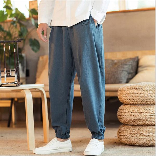

chinese style foot straps pants fashion men vintage solid wide leg trousers plus size drawstring waist male pants m-7xl, Black