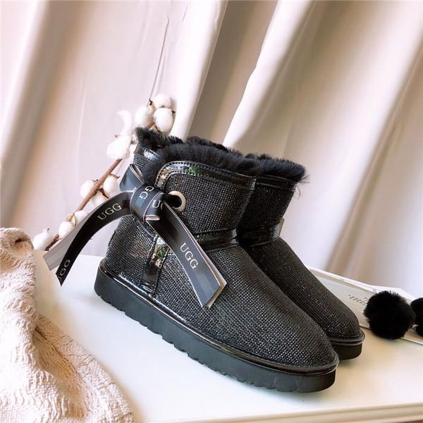 

new high-end brand wool ball ribbon short tube snow boots women full diamond sheepskin integrated rhinestone boots, Black