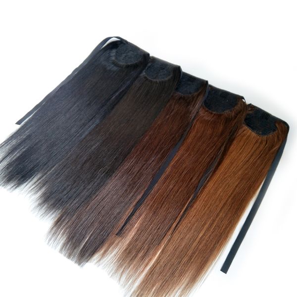 

100% remy human hair clip extension wavy ponytail wrap around ponytail hair extension straight one piece wrap ponytail hairpiece for woman, Black