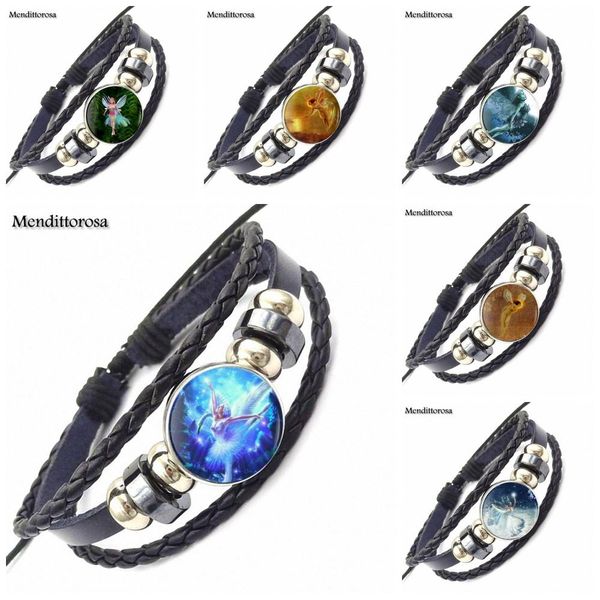 

for girls statement maxi flying fairy glass cabochon black leather bracelet bangle customizable glass princess jewelry, Golden;silver