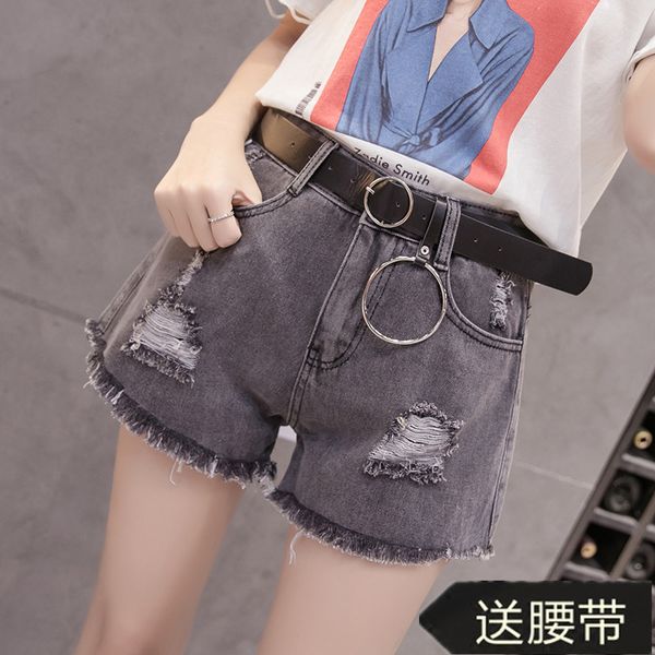 

high-waisted with holes denim shorts female summer students versatile slim fit fur trim wide-leg fat mm loose and plus-sized a, Blue
