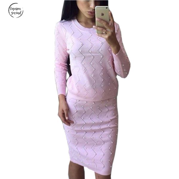 

мода 2 piece set женщин костюмы карандаш весна вязание sleeved сладкий жемчуг свитер юбки 2pcs бисероплетение юбка наборы, White