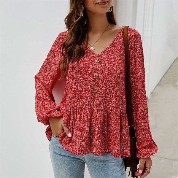 

2019 осень сорочка новый сексуальный цветок печати женские блузки и рубашки мода v-образным вырезом с длинным рукавом кнопка женщины топы ру, White