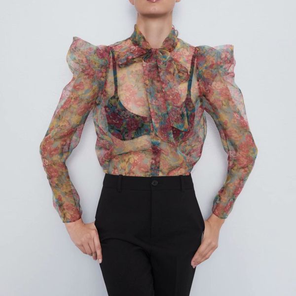 

deat 2020 spring long sleeve mesh transparent pink floral print bow collar blouse women mh826, White