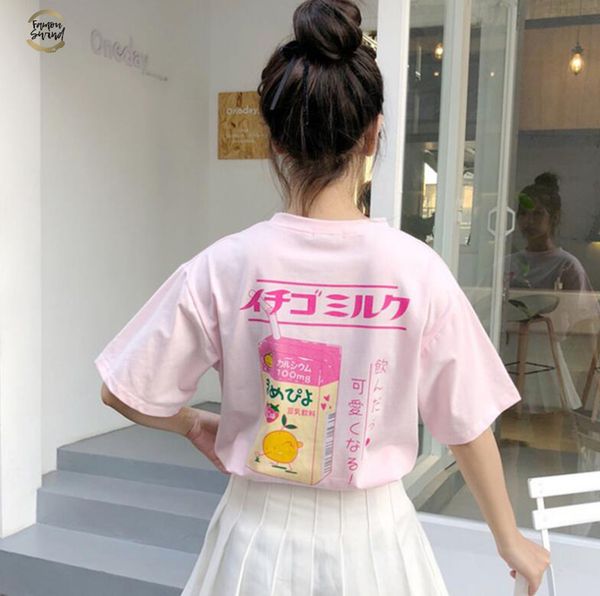 

2019 new fashion woman clothes new strawberry t shirt milk printed loose short sleeved female t shirt drop shipping, White