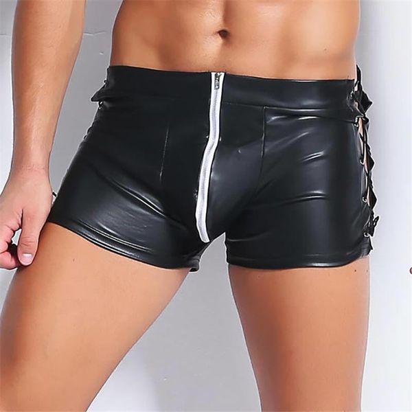 Men Underwear Patent Faux couro preto Boxer Shorts Cuecas Gay Bandage Calcinhas Sexy Leopard Masculino Boxer Underwear Men Stage Clube Wear