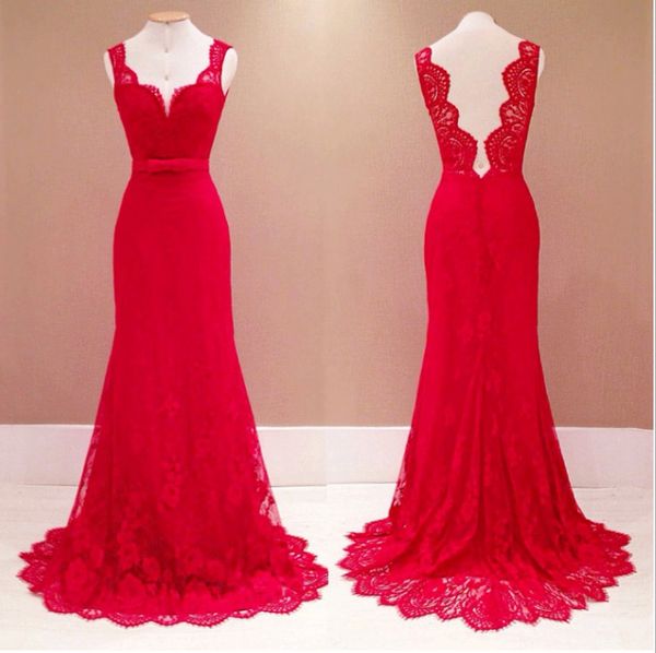 

simple long red lace evening dresses with bow a line sweetheart black hollow sweep train prom gowns