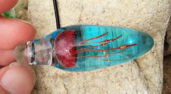 

handcraft blow blue glass red jellyfish pendant necklace, Silver