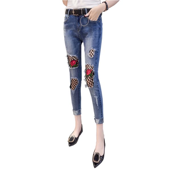 

stretch embroidered jeans for women elastic flower jeans female slim denim pants hole ripped rose pattern pantalon femme, Blue