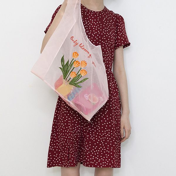 

women handbag portable embroidery casual mesh shopping bag for outdoor travel j9