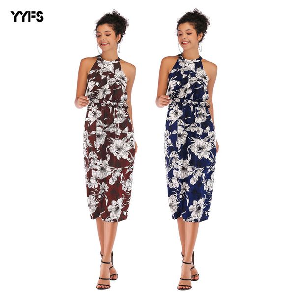 

2019 repair the body sleeveless halter broken flowers chiffon even clothing in longuette, Red;white