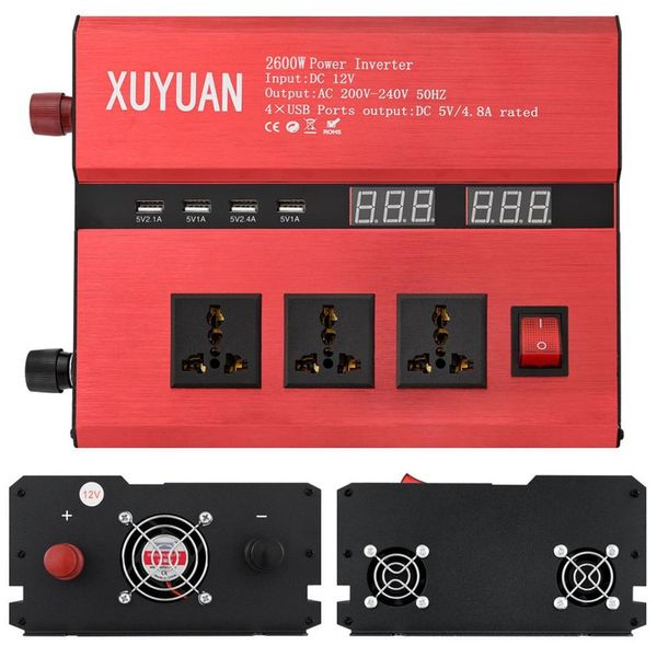 

2600w dual led diaplay car power inverter converter charger adapter modified sine wave with 4 usb port & 3 plug