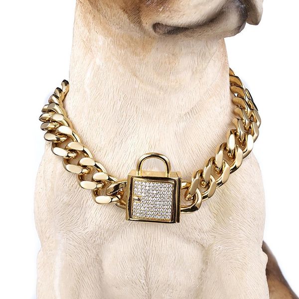 

12-32" fashion stainless steel gold cuban curb link training choke chain pet dog collar with square crystal lock clasp 12mm wide, Silver