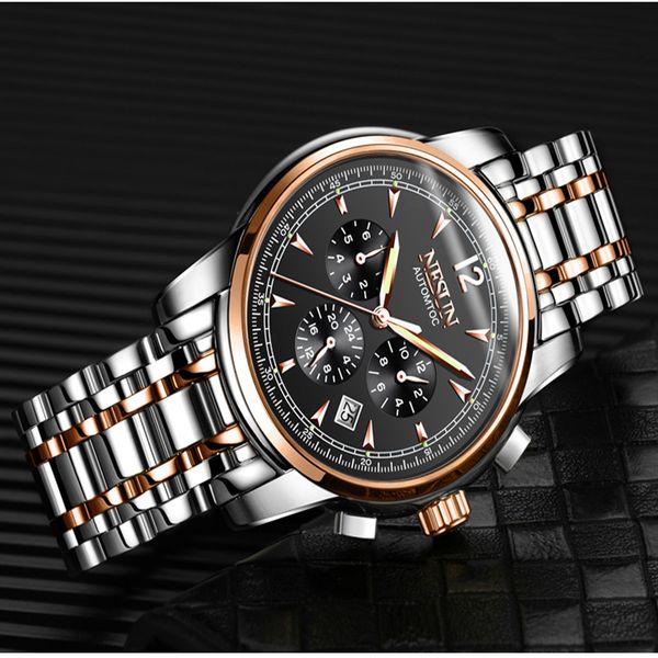 

nesun men's brand watch stainless steel automatic mechanical watch men's luminous waterproof sports large dial, Slivery;brown