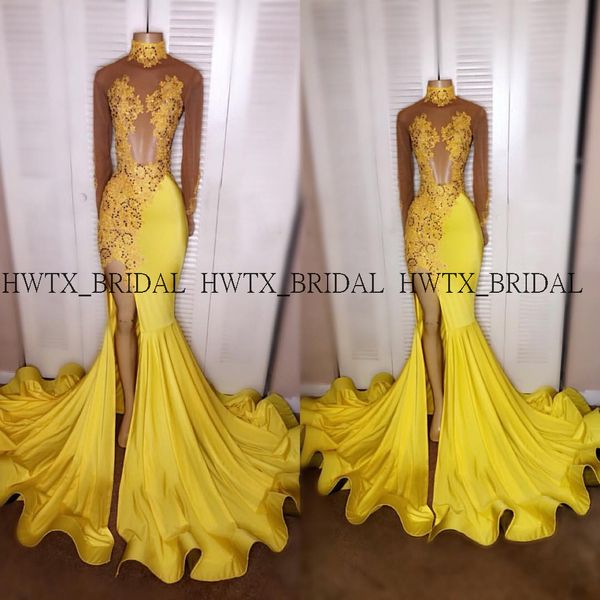

yellow high slits prom dresses 2k19 illusion long sleeves high neck mermaid long african black girls prom dress formal gown, White;black