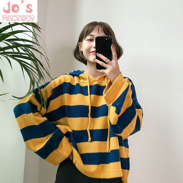 

new 2018 spring sweater hooded women loose short color stripes pullovers full sleeve pink knitted  sweater harajuku, White;black