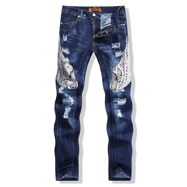 

men's fashion silver beading eagle wing embroidered patchwork denim pants male casual hole ripped jeans slim straight trousers, Blue