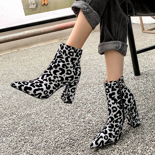 

women's leopard ankle boots high heels pointed toe winter ladies boots zipper party dress shoes, Black