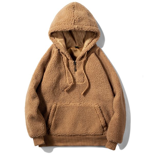 

winter lamb fur oversized hoodie plus size mens khaki man hoodie thick fluffy sweatshirt male long sleeve casual couple hoodies, Black