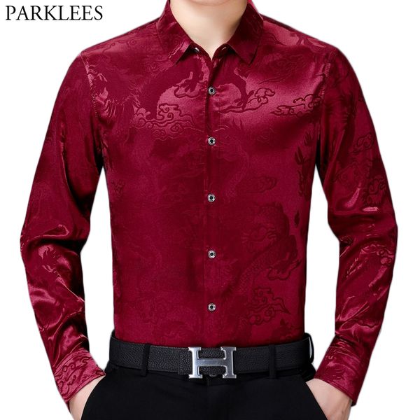 

wine red silk mens dress shirts 2020 chinese dragon jacquard shirt for men slim fit long sleeve casual shirt male chemise homme, White;black